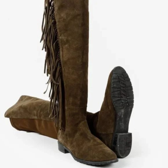 Stuart Weitzman 5050 Mane Fringe Olive Suede Leather OTK Boots - Picture 4 of 11